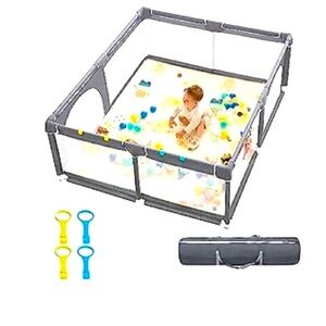 Baby Playard71"x59" Extra Large,  with Gate, 0-12M, Sturdy with Soft Mesh( Gray)